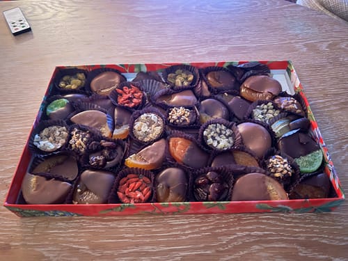Customer photo review of Chocolate Covered Fruit Gift Box - Red