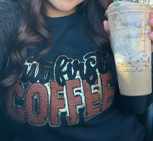 Customer photo review of But First Coffee Chenille Patch