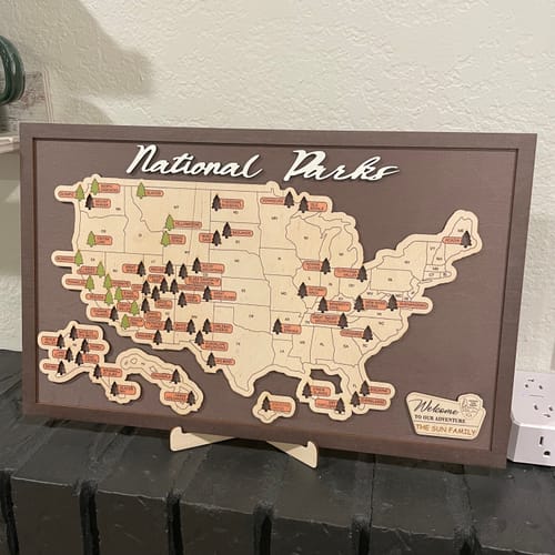 Customer photo review of US Wooden National Parks Travel Map With Trees To Record Park Visits (Coffee)
