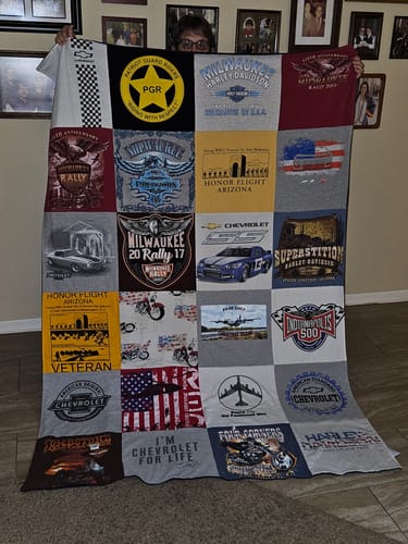 T-shirt quilt with motorcycles, veterans themes by Nancy from AZ