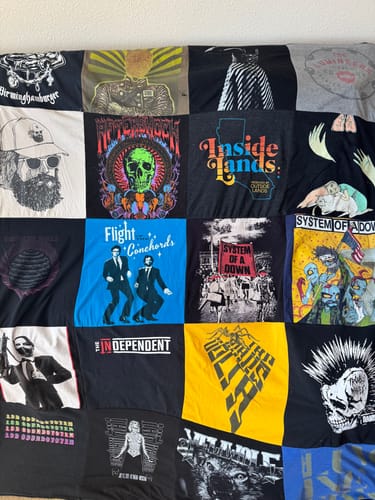 T-shirt quilt with music, concerts themes by Marc from CA
