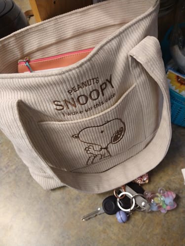 Customer photo review of Peanuts Snoopy Corduroy Tote Bag - I Woke Up This Cute (4 Colors)