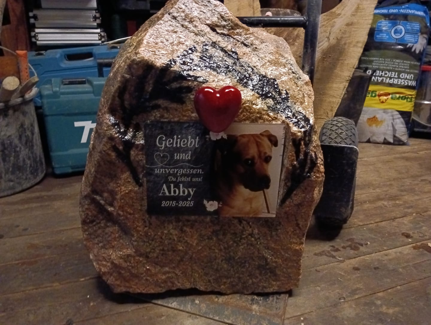 Customer photo review of Hunde Gedenktafel mit Foto & Spruch (UV- & Wetterfest)