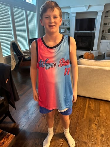 Customer photo review of Custom Purple Gold Chest Slash Patttern Double Side Sports Uniform Basketball Jersey