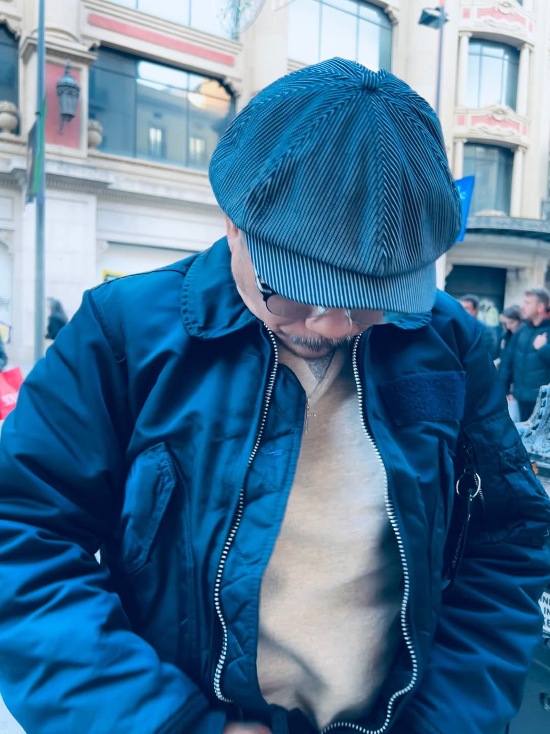 Customer photo review of Striped Denim Newsboy Cap