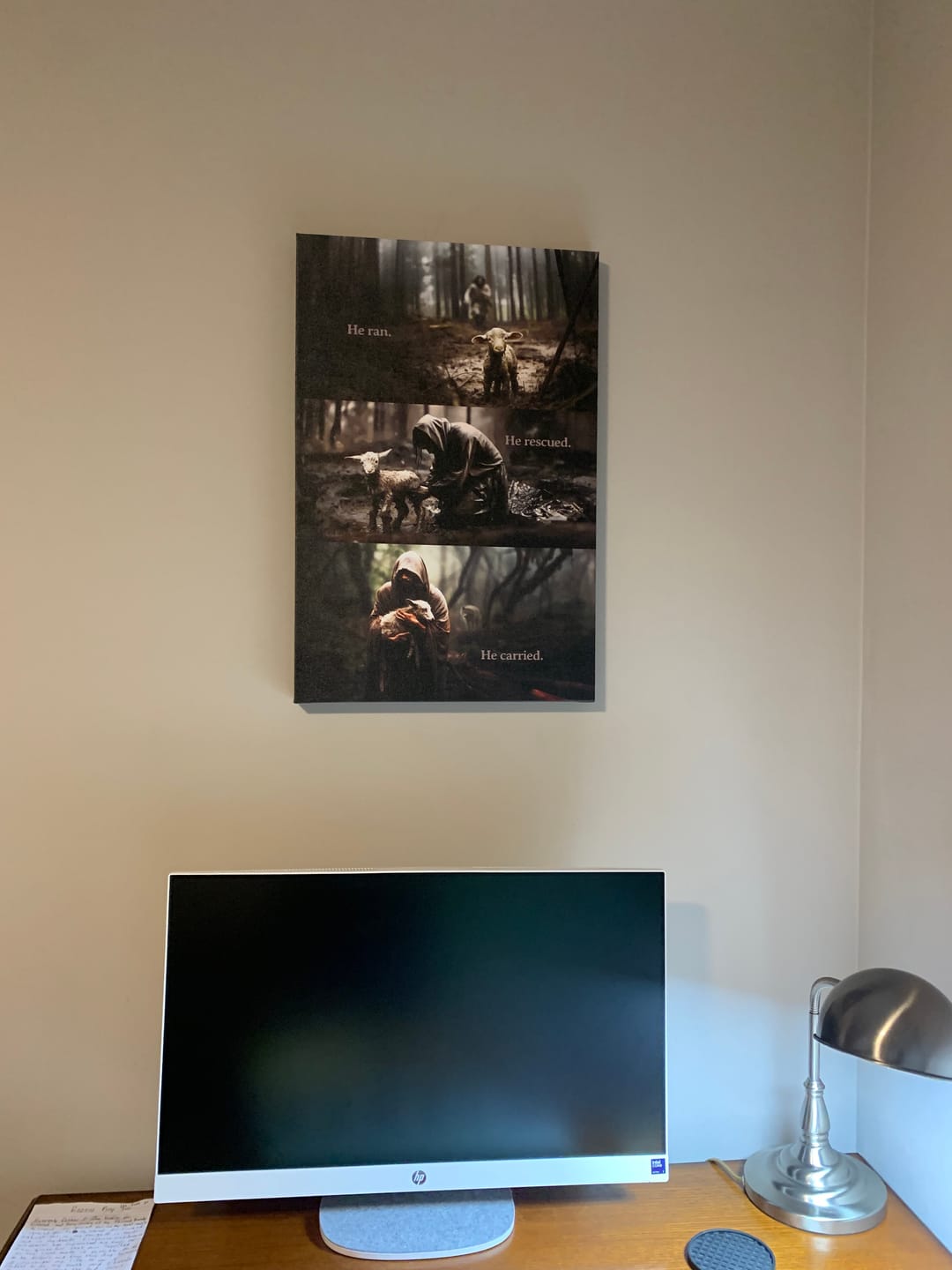 Customer photo review of He Ran, He Rescued, He Carried, Jesus and Lost Sheep, Wall Art Canvas