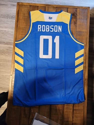 Customer photo review of Custom Purple Gold Chest Slash Patttern Double Side Sports Uniform Basketball Jersey