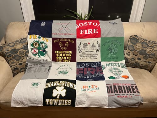 T-shirt quilt with firefighting, community service themes by Diane from MA
