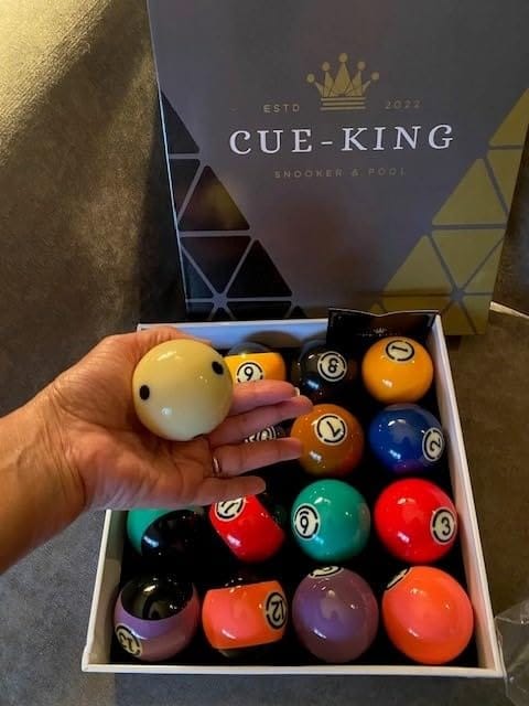 Customer photo review of Cue-King Black Edition Pool Balls 2.25" Set with 7/8" Pro Dotted Cue Ball Regulation Size Premium Billiard Ball Set