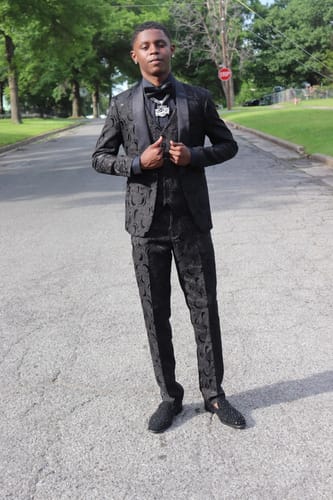 Customer photo review of Men's 3-Piece Black Rose Embroidery Shawl Lapel Wedding Tuxedo