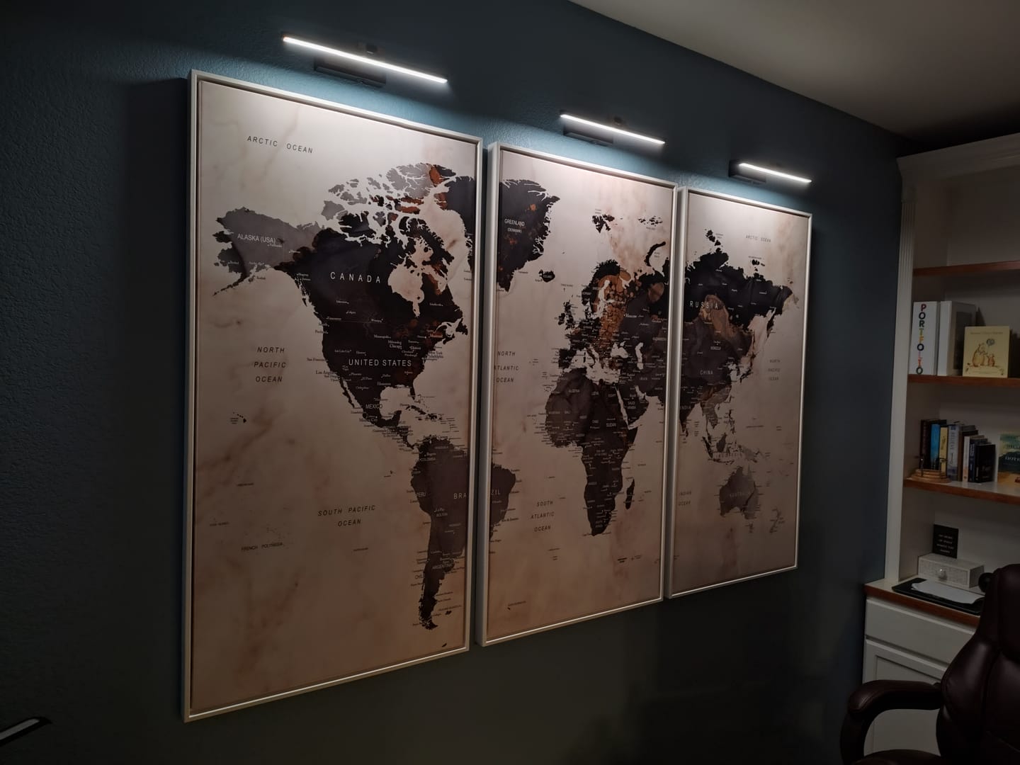 Customer photo review of World Map Canvas Print – Earthy Triptych Wall Art – Vintage Global Map Decor – Ready to Hang for Home or Office