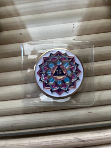 Customer photo review of 1 to 50 Year Sobriety Mint 'In Bloom' Lotus Flower Gold Plated AA Recovery Medallion/Chip/Coin - White