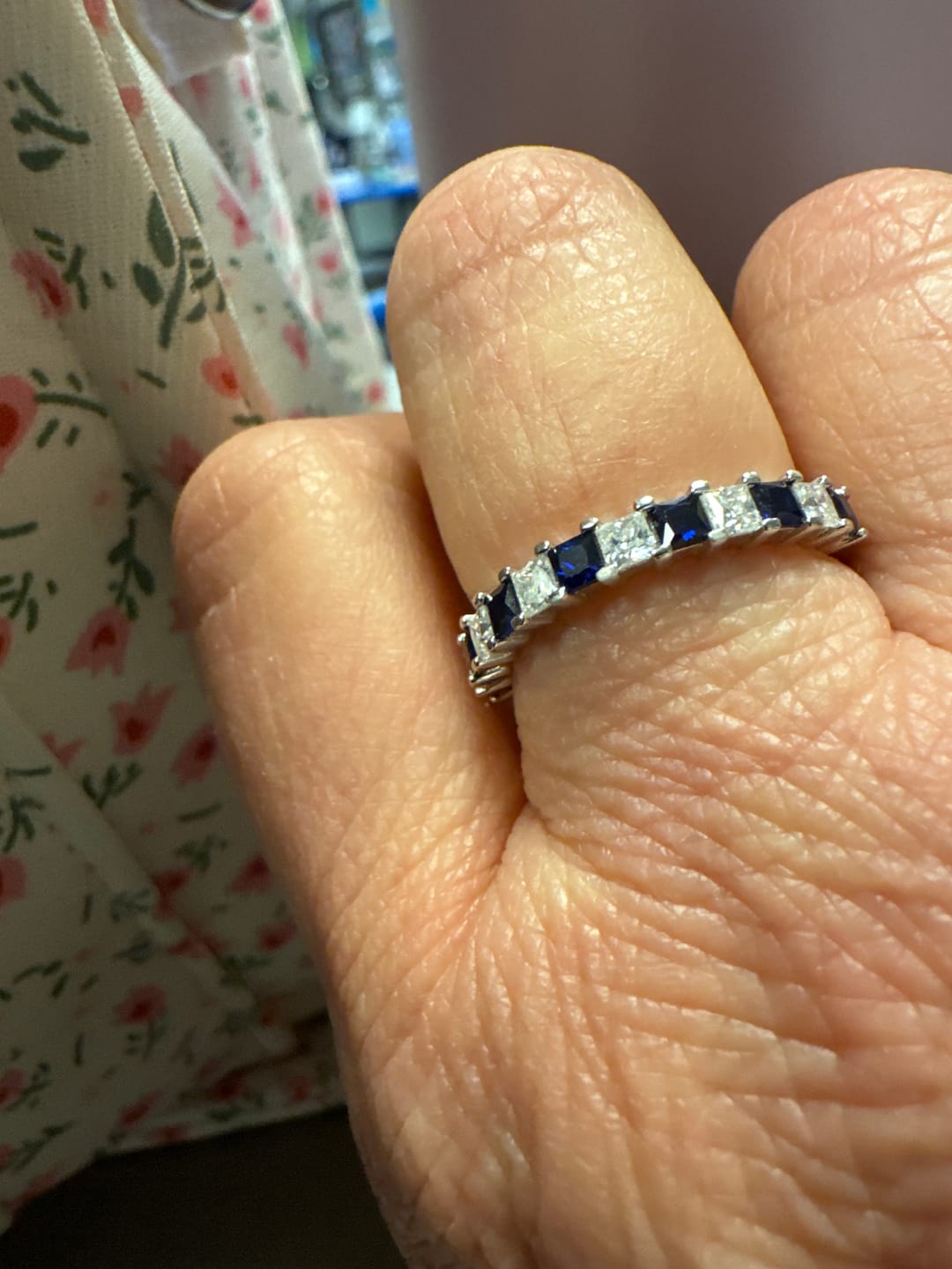 Customer photo review of Alternating Princess Moissanite And Sapphire Half Eternity Wedding Band Ring