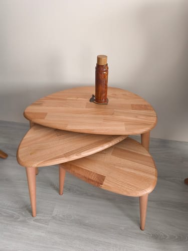 Customer photo review of Ahşap Zigon Sehpa 3'lü Set - Doğal Masif Kestane Ağacı (Ercol Stil)