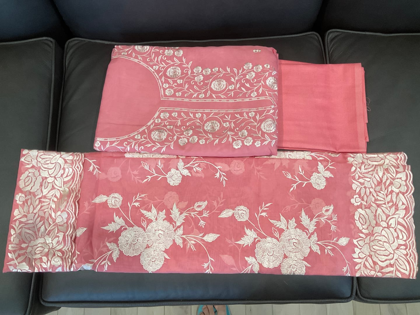 Customer photo review of Pure Banarasi Resham Silk Chanderi Zari Embroidery Unstitched Suit With Chinon Zari Embroidery Dupatta