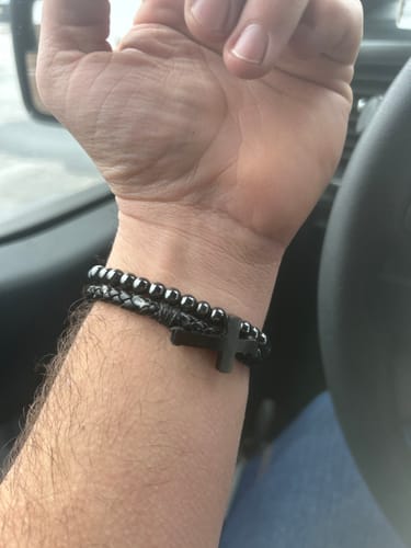 Customer photo review of FIDES Cross Leather & Magnetic Hematite Titanium Bead Bracelet: Helps Pair Veterans With A Service Dog Or Shelter Dog