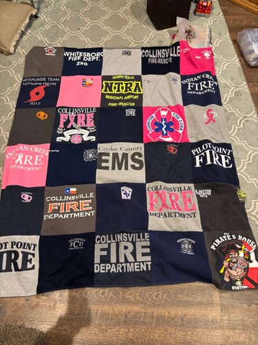 T-shirt quilt with firefighting, emergency services themes by Kristin from TX