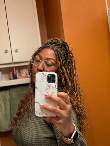 Customer photo review of Glueless 16"-24" Pre Cut HD Full Elastic Lace Lightweight Ready-To-Go Boho Box Braided Wig with Human Hair Boho Curls