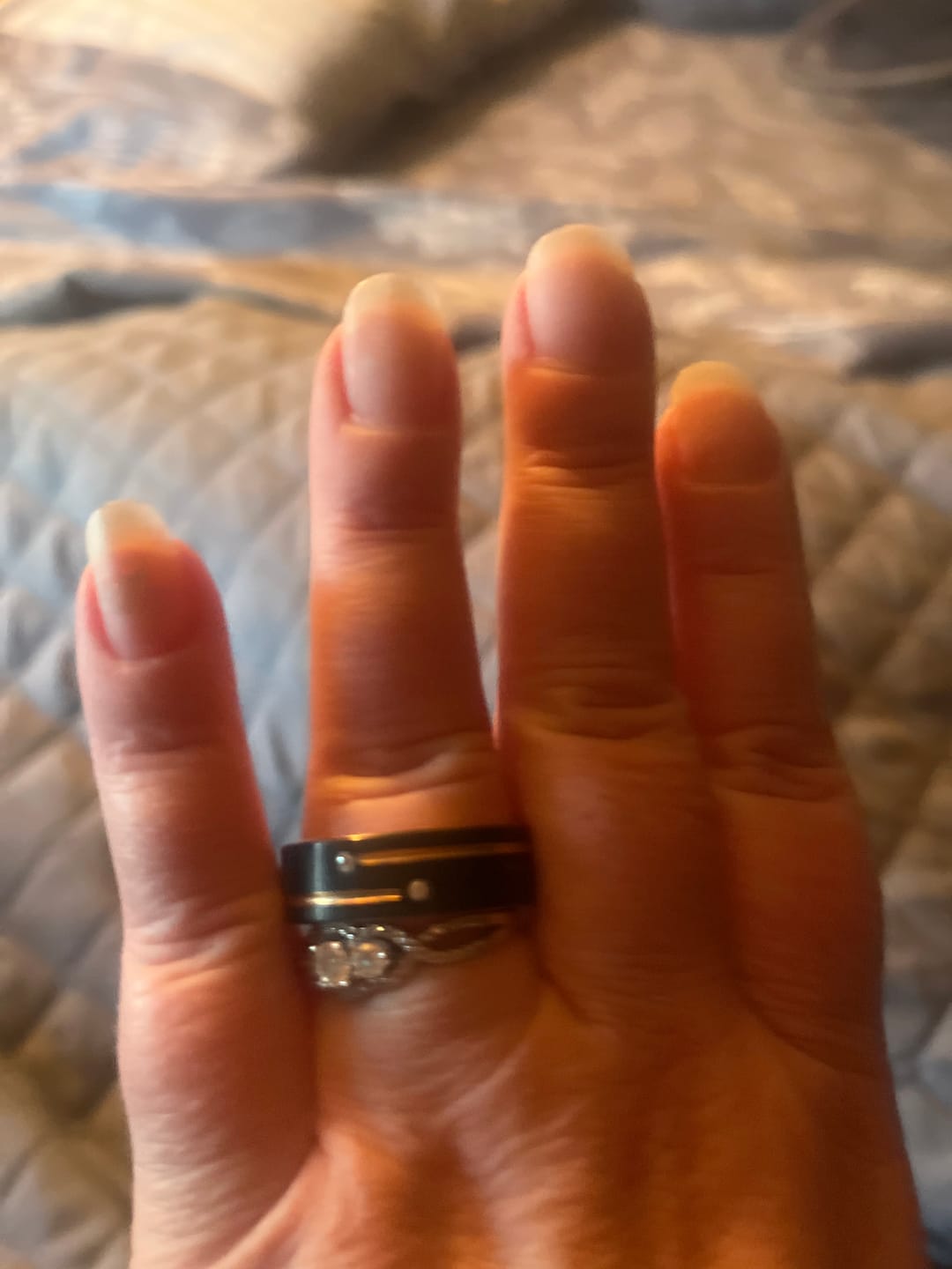 Customer photo review of Mens Black Tungsten Carbide Wedding Band with Gold Grooves 2 CZ Diamonds.