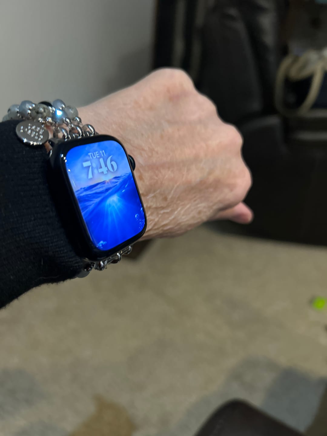 Customer photo review of Artisanal Labradorite Indigo Stretch Apple Watch Strap