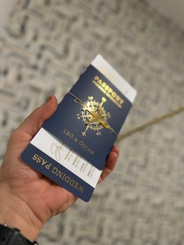 Customer photo review of Navy Blue and Gold Foil Boarding Pass Wedding Invitation