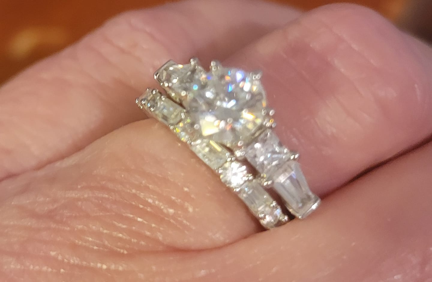 Customer photo review of Alternating Baguette and Round Moissanite Half Eternity Wedding Band