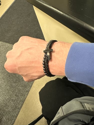 Customer photo review of FIDES Cross Leather & Magnetic Hematite Titanium Bead Bracelet: Helps Pair Veterans With A Service Dog Or Shelter Dog