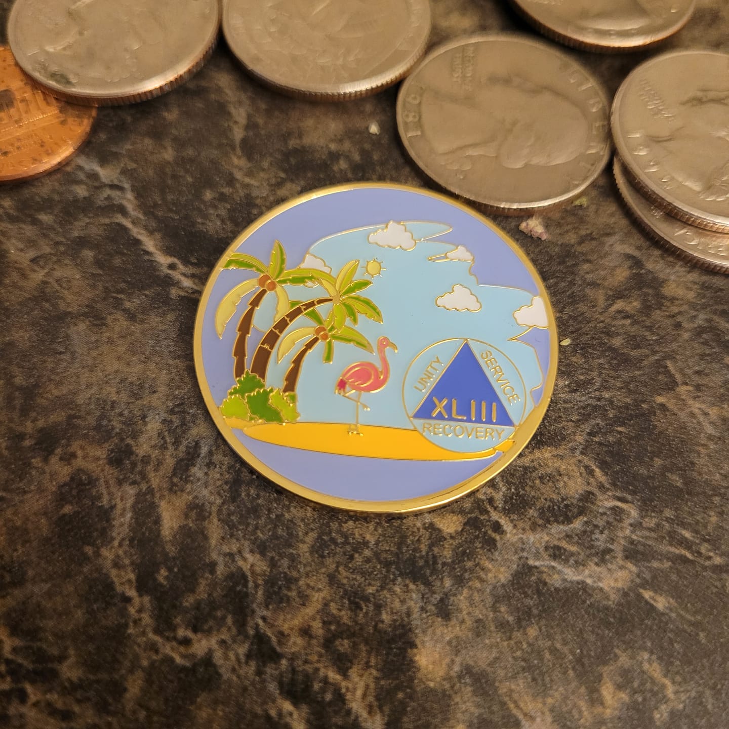 Customer photo review of 1 to 60 Year Beach Themed Specialty AA Recovery Medallion - Tri-Plated Chip/Coin
