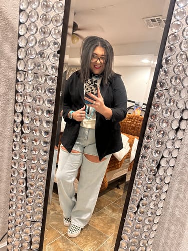 Customer photo review of Judy Blue High Waist Rigid Magic Rhinestone Slit Detail Straight Jeans