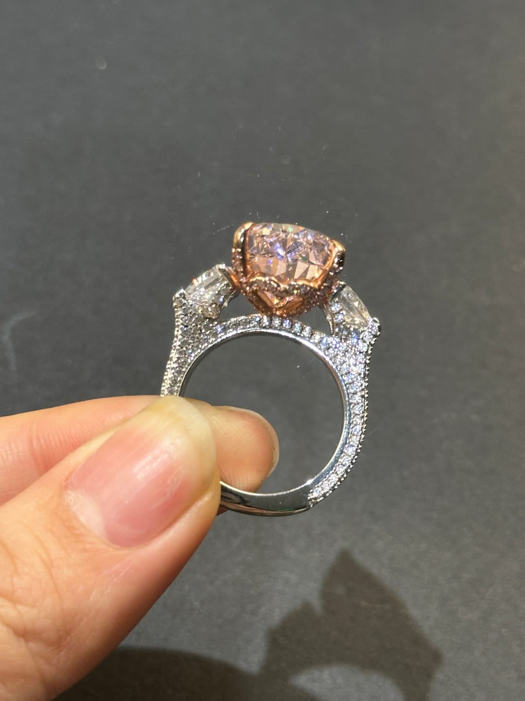 Customer photo review of S925 Stunning Pear Cut Yellow/Pink Sapphire Three Stone Engagement Ring