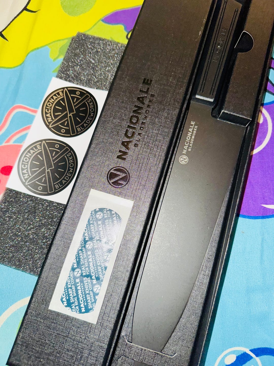 Customer photo review of 215mm Chefs Knife. Black Stonewashed AUS8. Black Recycled Plastic Skateboard Material Handle