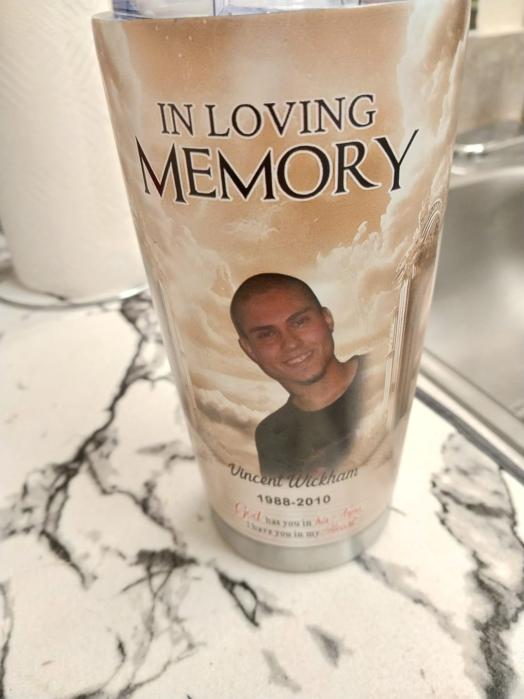 Customer photo review of In Loving Memory Upload Photo Heaven Gate Sky, A Big Piece Of My Heart Lives In Heaven Personalized Tumbler