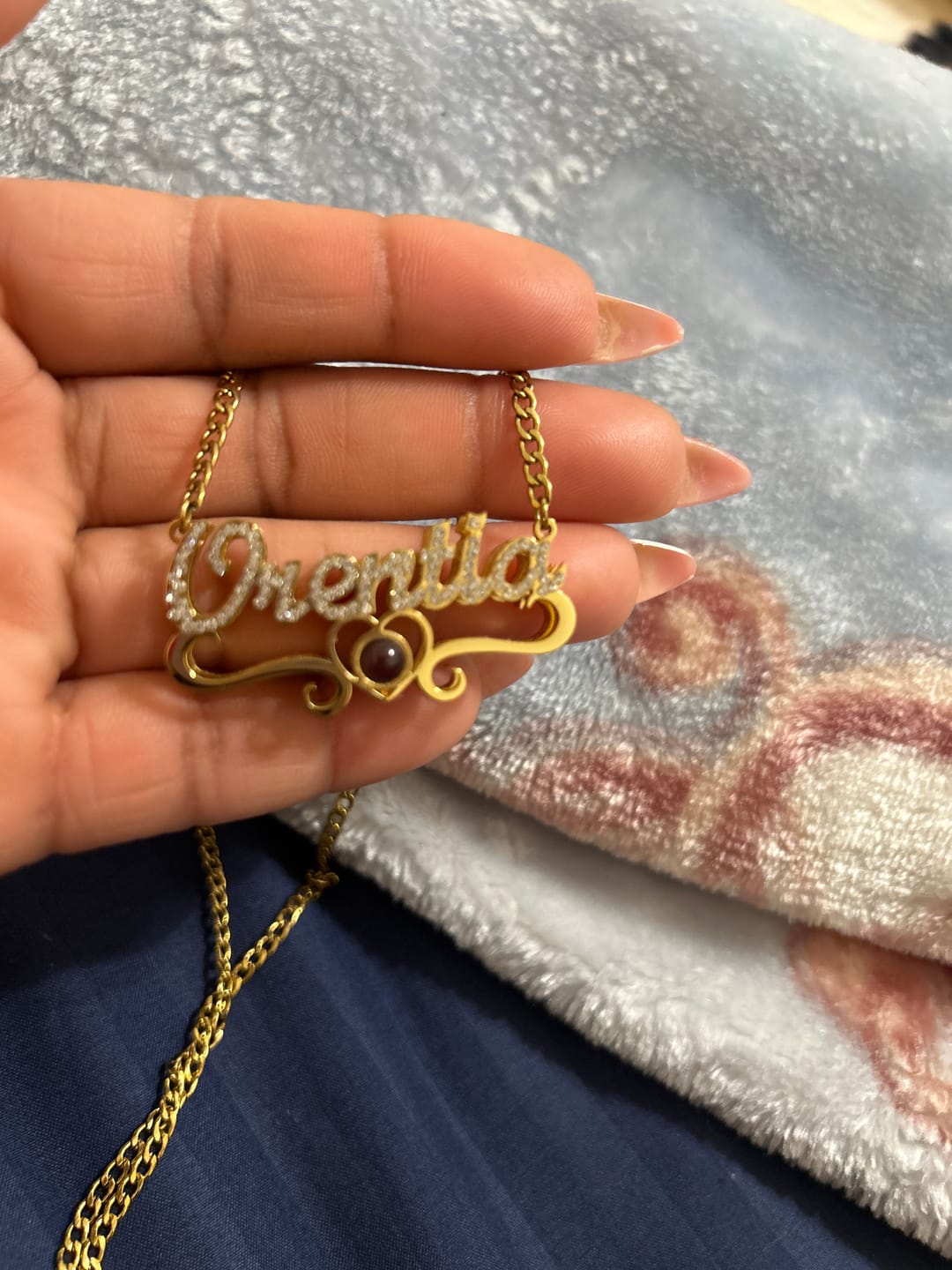 Customer photo review of Double Plated Iced Heart Photo Name Necklace w/ Cuban Chain