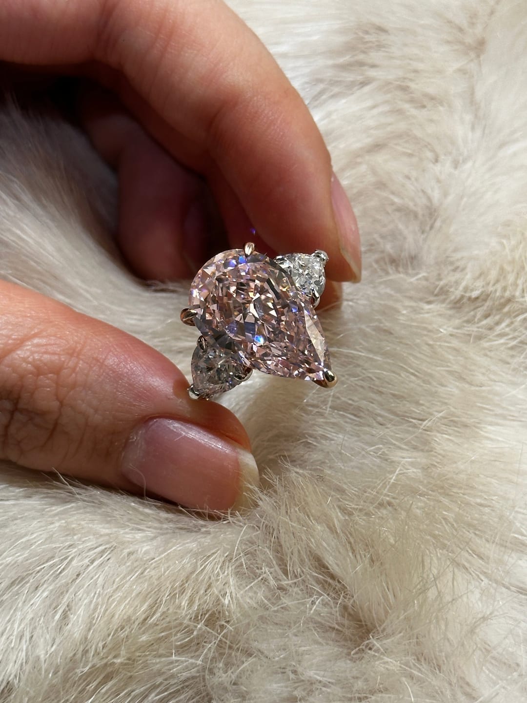 Customer photo review of S925 Stunning Pear Cut Yellow/Pink Sapphire Three Stone Engagement Ring