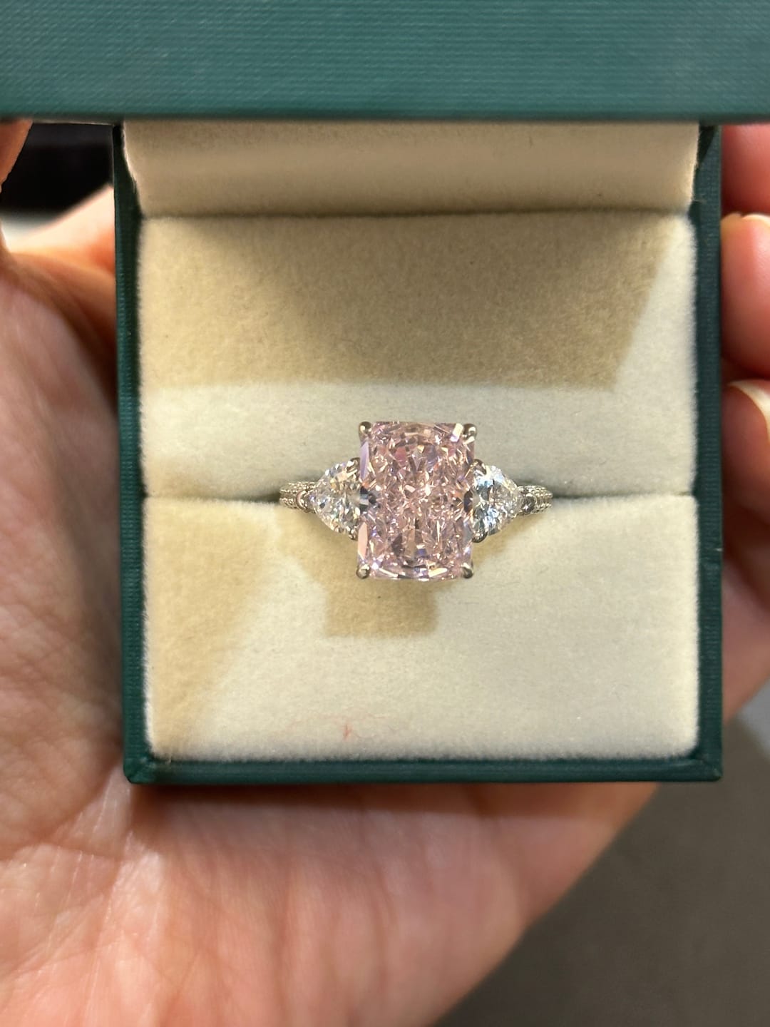 Customer photo review of S925 5.0Ct Pink/White Stone Radiant Cut Three Stone Engagement Ring Anniversary Ring For Women