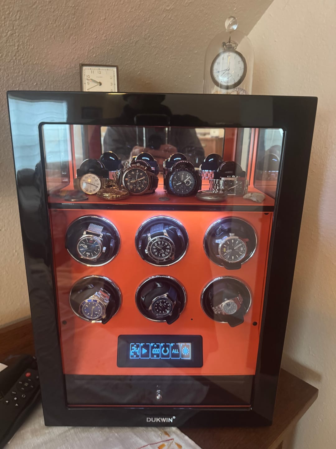 Customer photo review of Fingerprint Lock 6 Watch Winders with Extra Watches Storage LCD Remote Control - Flame Orange