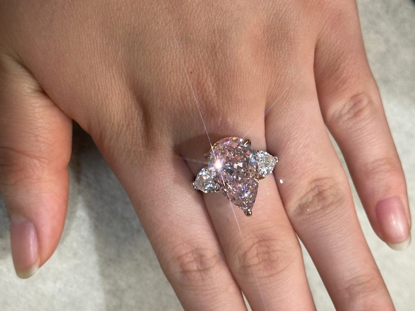 Customer photo review of S925 Stunning Pear Cut Yellow/Pink Sapphire Three Stone Engagement Ring