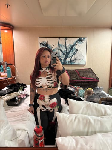Customer photo review of Skeleton & Roses Flare Pants Set