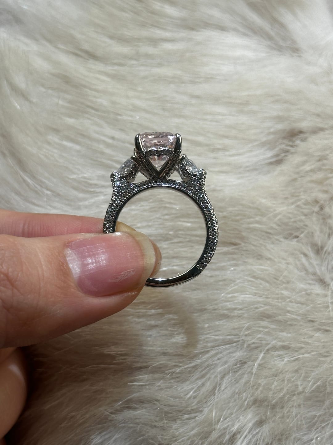 Customer photo review of S925 5.0Ct Pink/White Stone Radiant Cut Three Stone Engagement Ring Anniversary Ring For Women