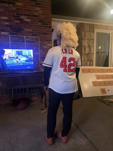 Customer photo review of Custom Black Red-White Hook Split Fashion Authentic Baseball Jersey