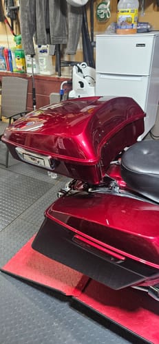 Customer photo review of HR3 Velocity Red Sunglo Solid Color 10.7" Chopped Style Tour Pack Luggage For 14-24 Harley Touring