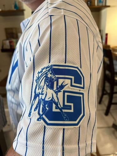 Customer photo review of Custom Black Pink-Powder Blue Stripe Fashion Authentic Baseball Jersey