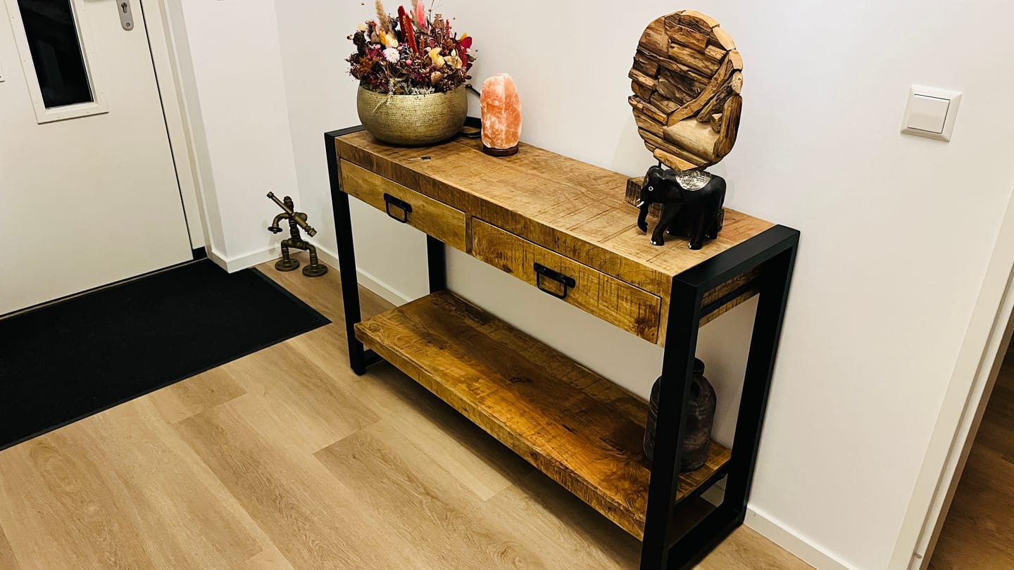Customer photo review of Sidetable Mangohout en Staal | 120 x 35 x 76 cm