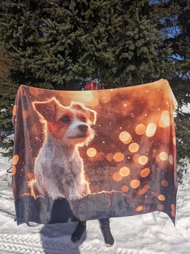 Customer photo review of Glowing Parson Russell Terrier Sitting by Rustic Wooden Fence Surrounded by Stars and Cascading Silver Light Fleece Sherpa Blanket