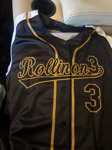 Customer photo review of Custom Black Pink-Powder Blue Stripe Fashion Authentic Baseball Jersey
