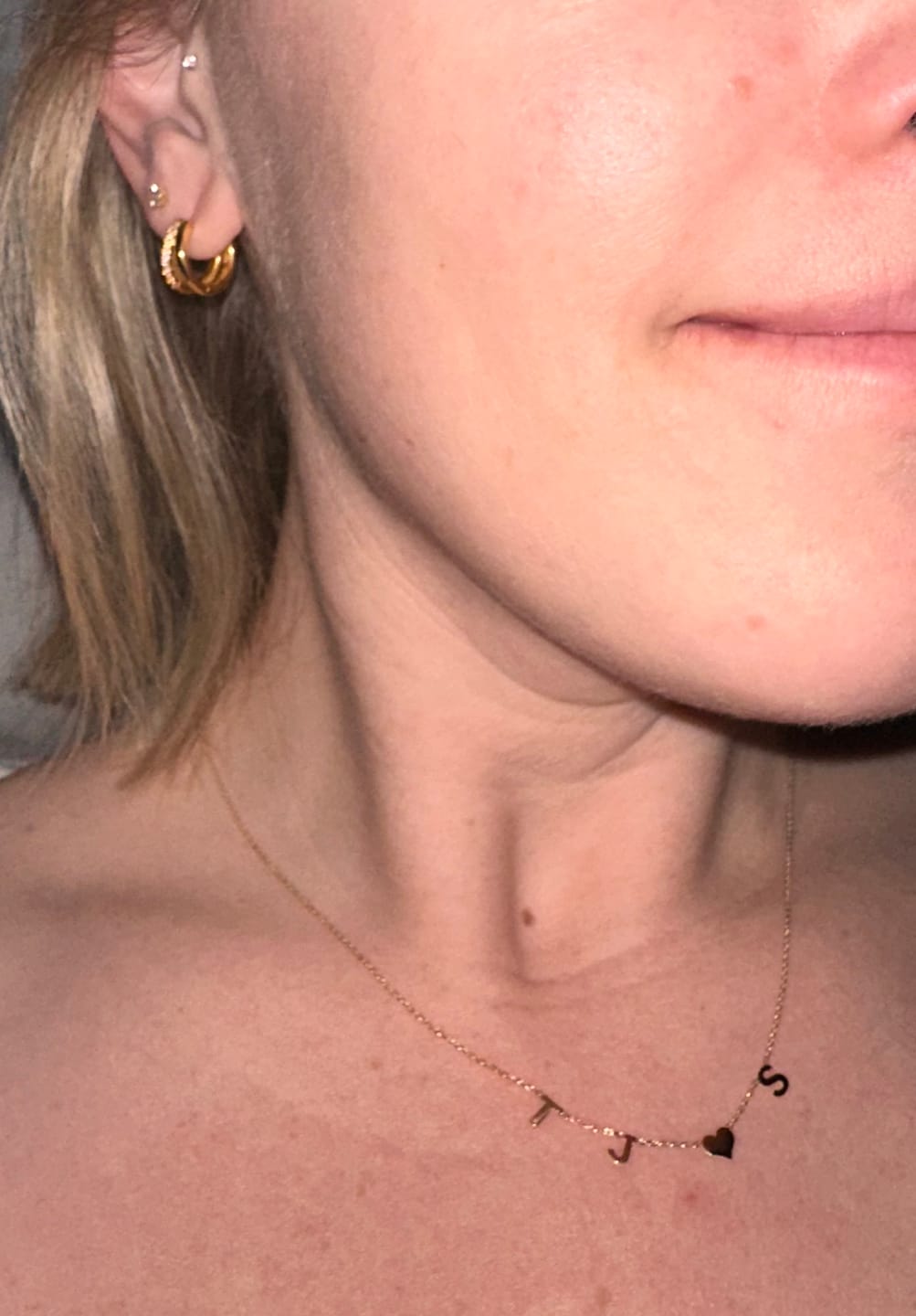 Customer photo review of 14K Solid Gold Sideways Letter Necklace