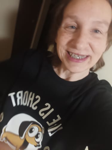 Customer photo review of Life is Short So Am I T-Shirt - Funny Dachshund Graphic Tee - Sausage Dog Lover Shirt - Dog Mom Gift