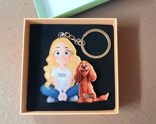 Customer photo review of Personalized Cute Cartoon Couple And Dogs Acrylic Keychain-Gift For Dog Lovers, Couple