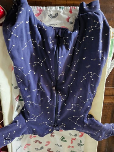 Customer photo review of Organic Cotton & Camel Wool Long Sleeve Sleep Sack With Legs 1.0 TOG - Constellation