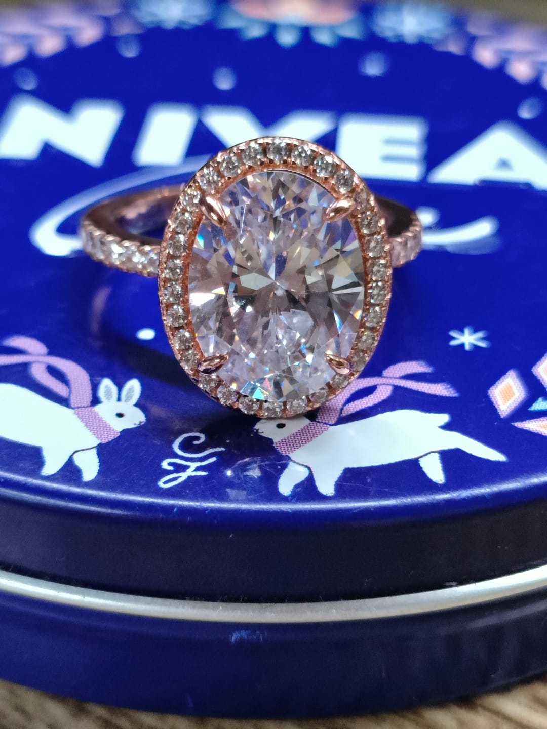 Customer photo review of Louily Halo 3.5Ct Oval Cut Simulated Diamond Engagement Ring In Sterling Silver